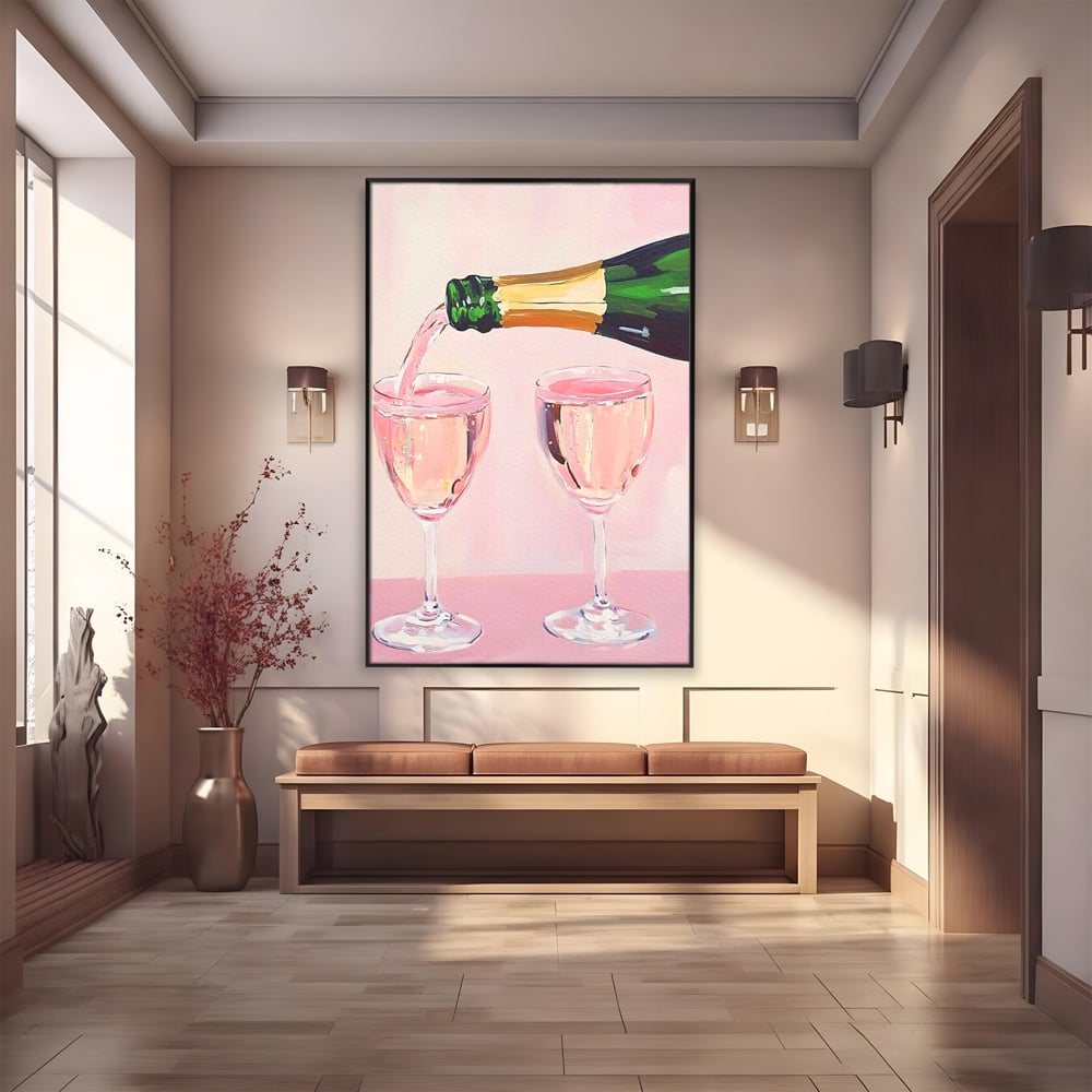 Tablou canvas cu pictura cu sticla si pahare de sampanie roz, in rama de aluminiu negru